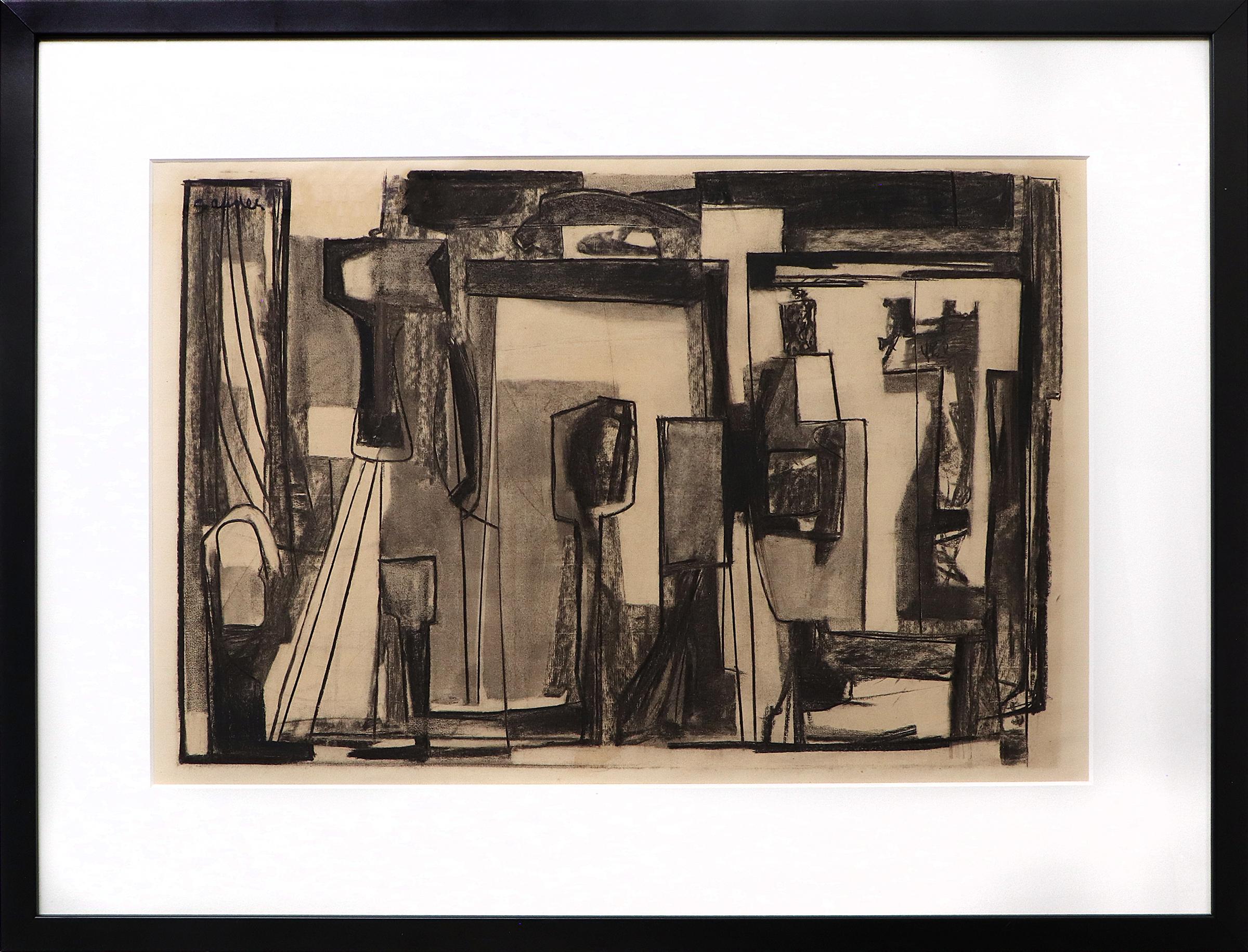 Ludwig R. Sander Abstract Drawing – 1950er Jahre Abstrakte Kohlezeichnung, Mid Century Modern Design, Schwarz-Off-Weiß