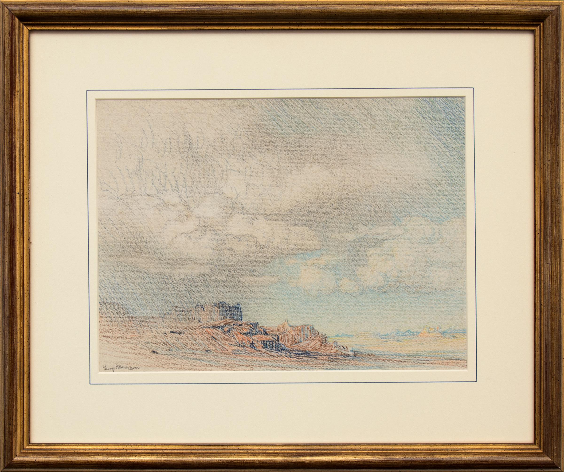 Disegno a matita colorata del 1924 di George E Burr, Paesaggio della tempesta nel deserto dell'Arizona