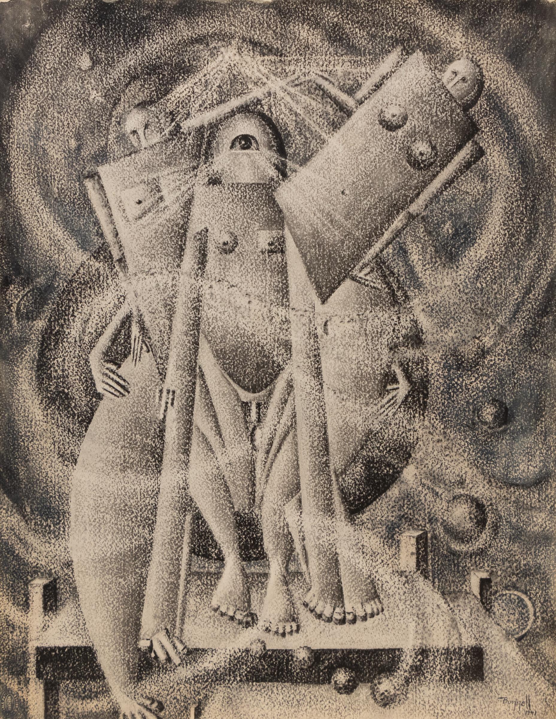 Original 1940er Jahre Retrofuturismus Gouache-Gemälde "Geburt des Geistes" in Schwarz-Weiß
