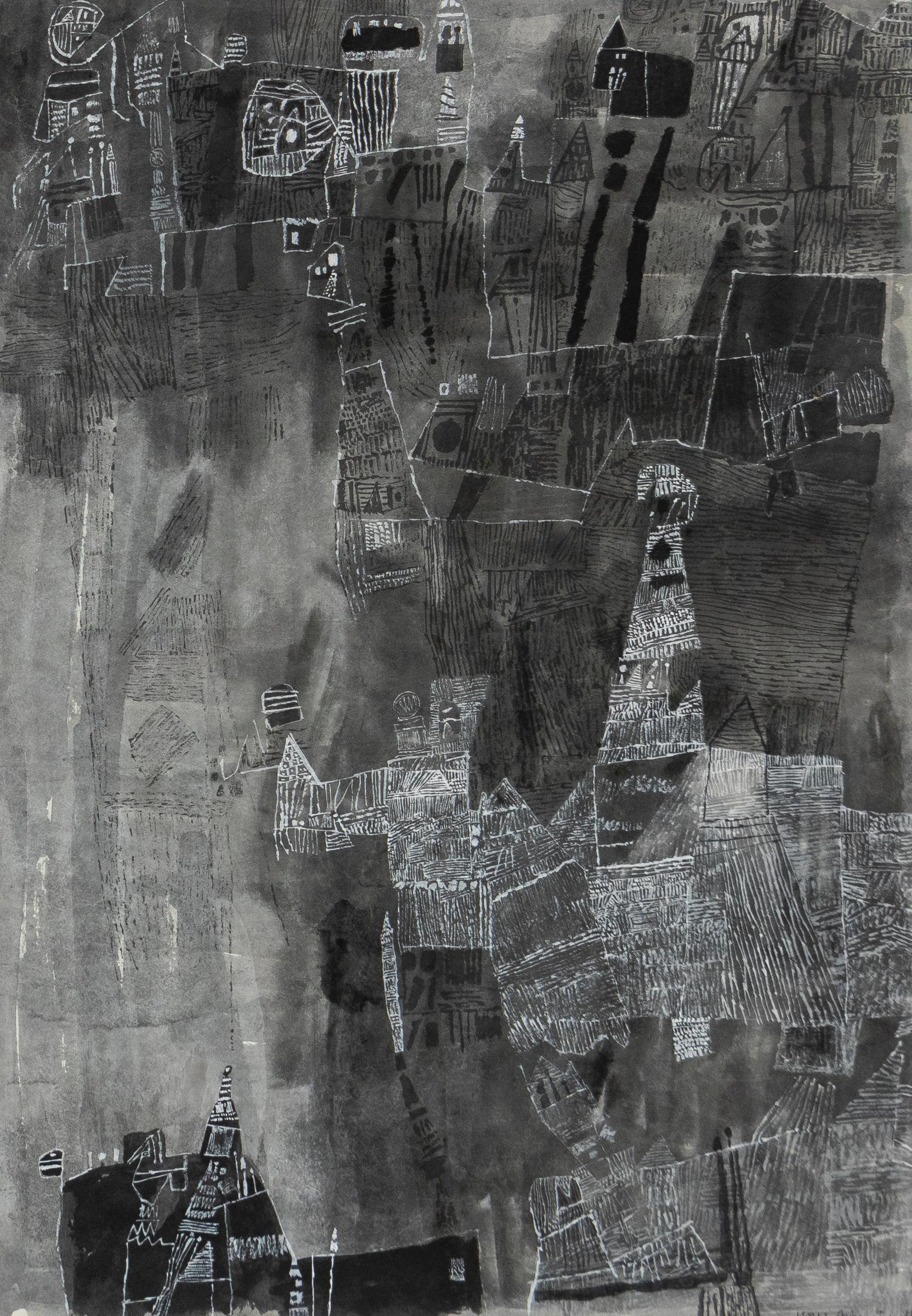 Ynez Johnston Abstract Drawing - 1985 Original Abstract Watercolor Painting – Monochrome Black & White Modern Art