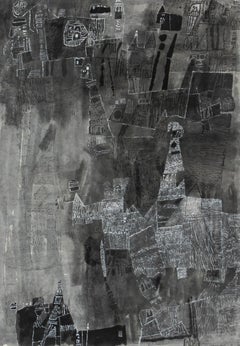1985 Pintura abstracta original en acuarela - Arte moderno monocromo en blanco y negro