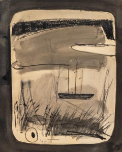 Mid-Century Modern Abstract Sailboat Art – Mixed Media Charcoal & Ink Drawing