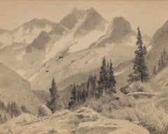 Paysage de montagne du Colorado avec oiseaux, Plein Air Graphite Croquis de terrain