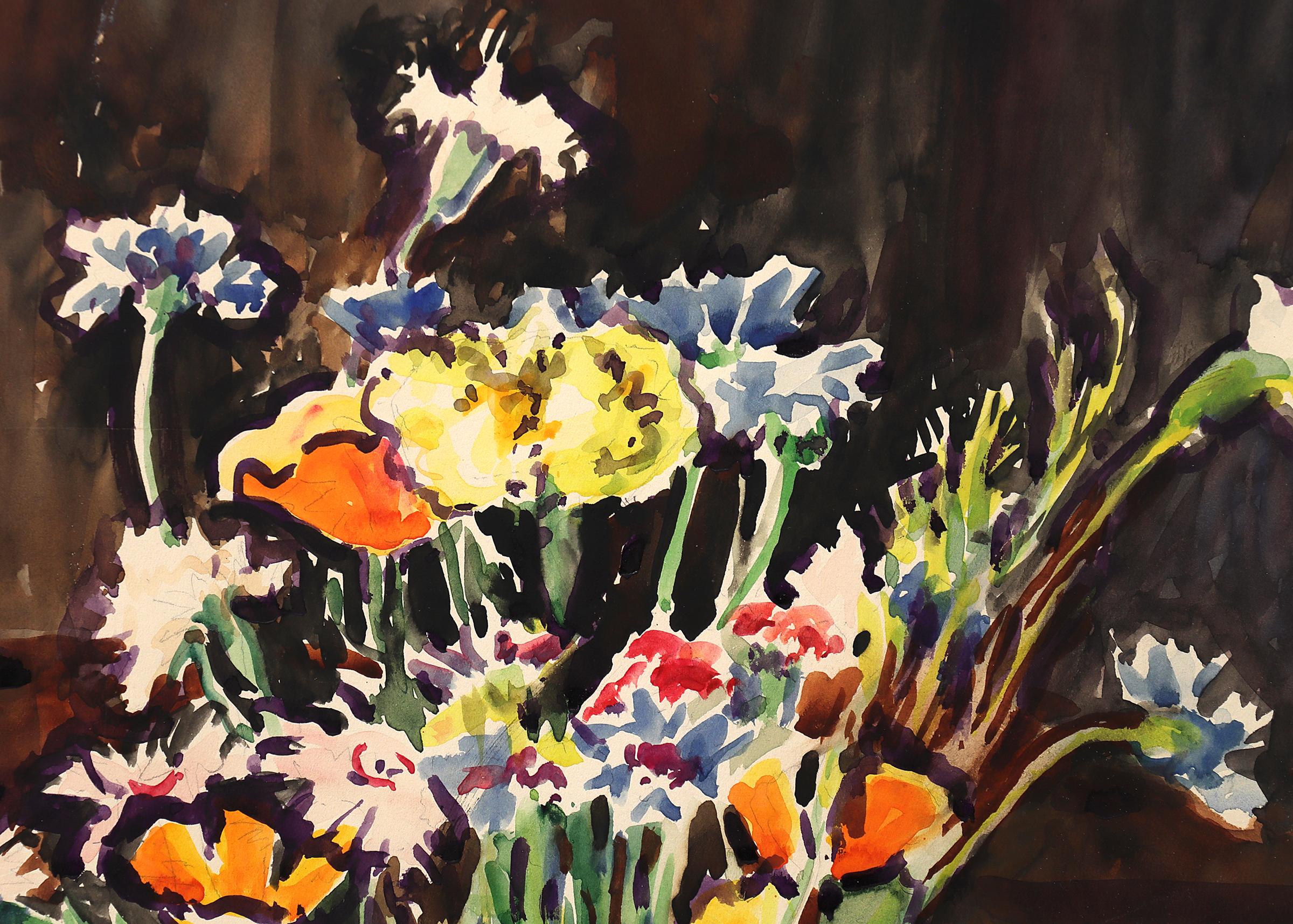 Little Garden Flowers, 20th Century Still Life Interior Watercolor Painting - Beige Interior Art by Elisabeth Spalding