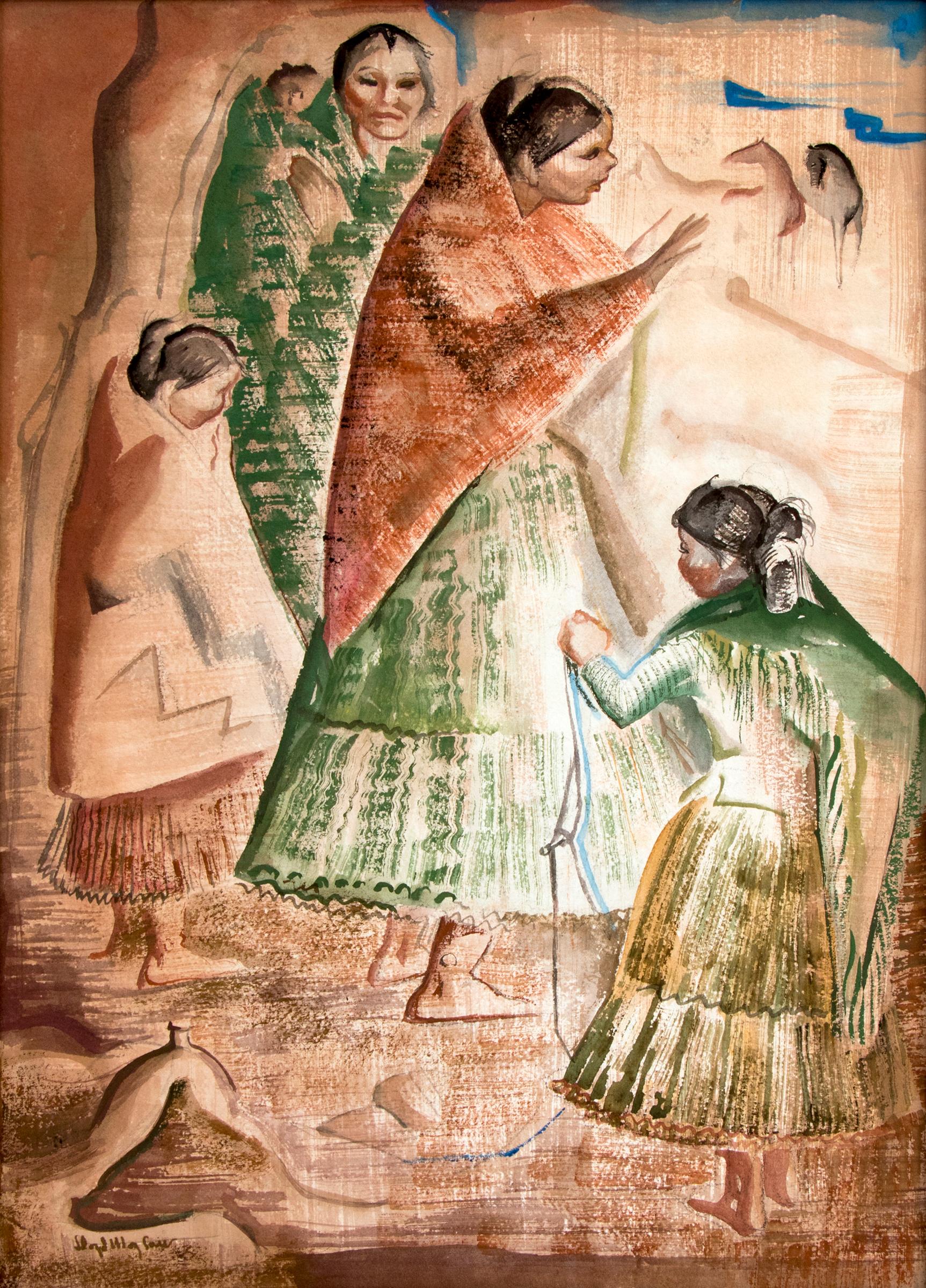 Figurative Watercolor Painting of Navajo Family with Orange, Brown, and Green - Art by Lloyd Moylan