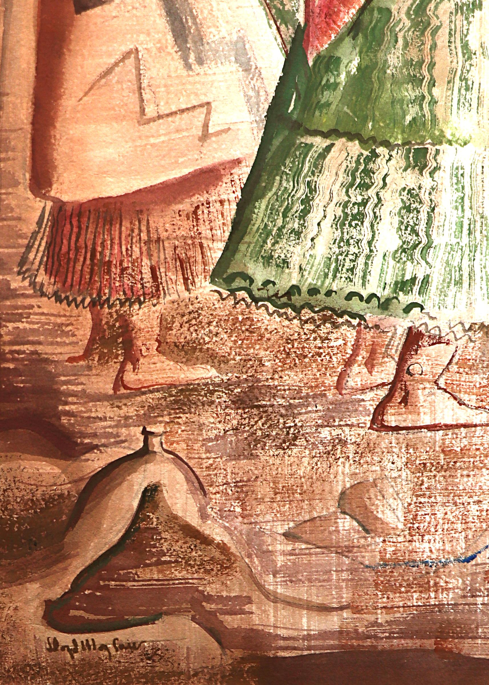 Figuratives Aquarellgemälde der Navajo-Familie mit orangefarbenem, braunem und grünem Muster (Braun), Figurative Art, von Lloyd Moylan