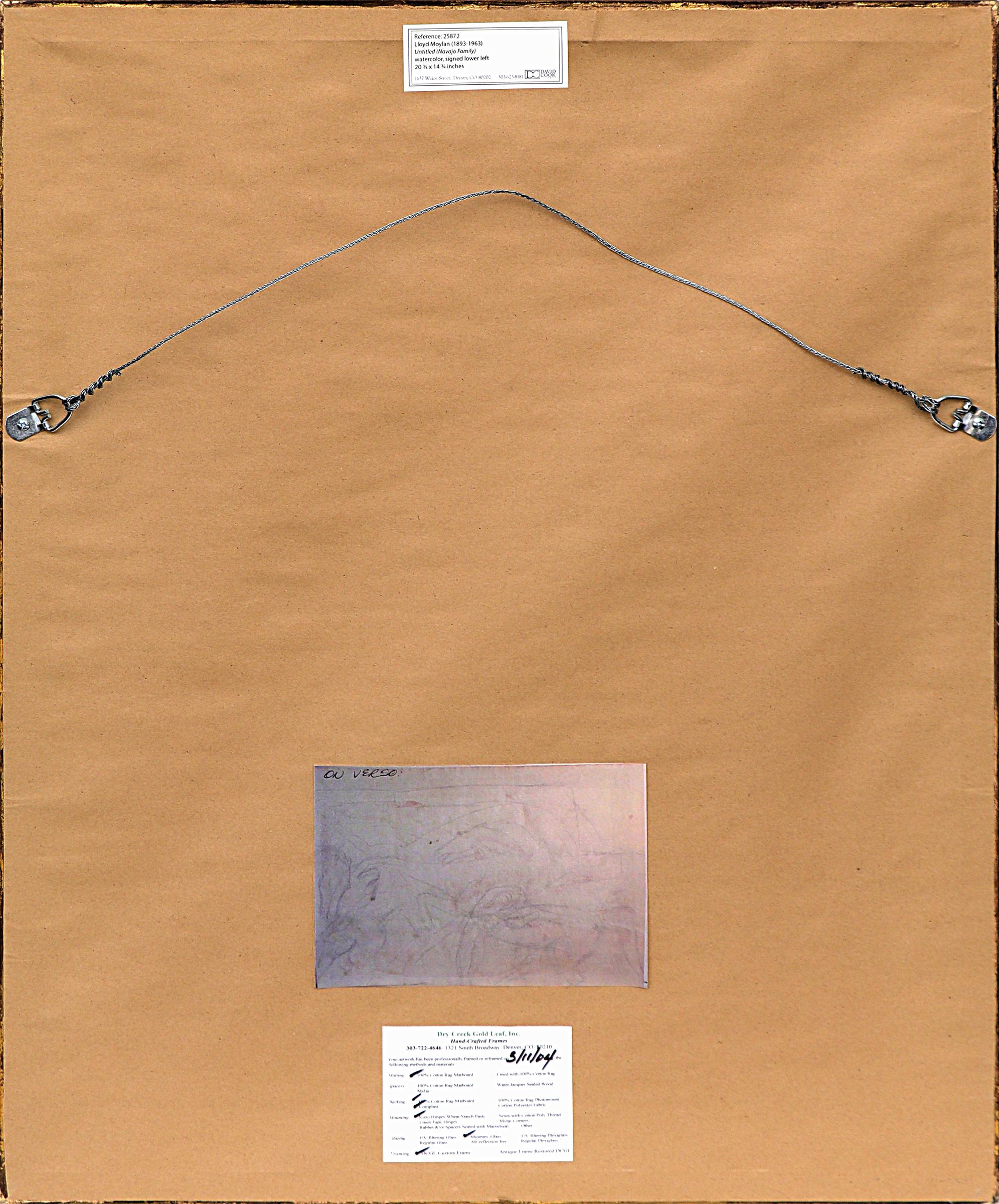 Figuratives Aquarellgemälde der Navajo-Familie mit orangefarbenem, braunem und grünem Muster 5