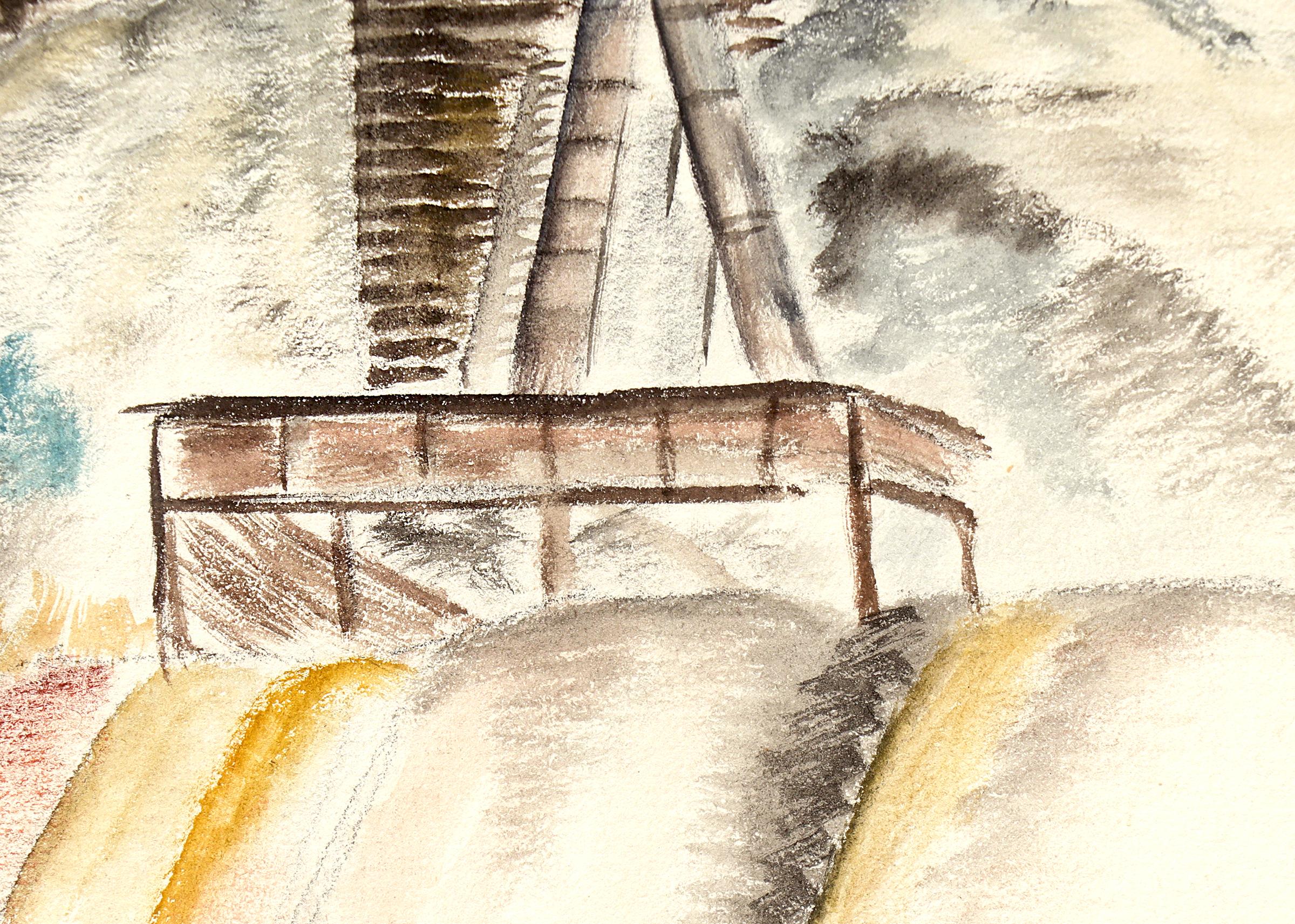 Peinture au graphite et à l'aquarelle d'un paysage minier du Colorado en rouge, jaune et brun, réalisée par l'artiste du 20e siècle, Louise Emerson Ronnebeck. Présenté dans un cadre personnalisé, les dimensions extérieures mesurent 21 ⅛ x 17 ⅞ x ¾