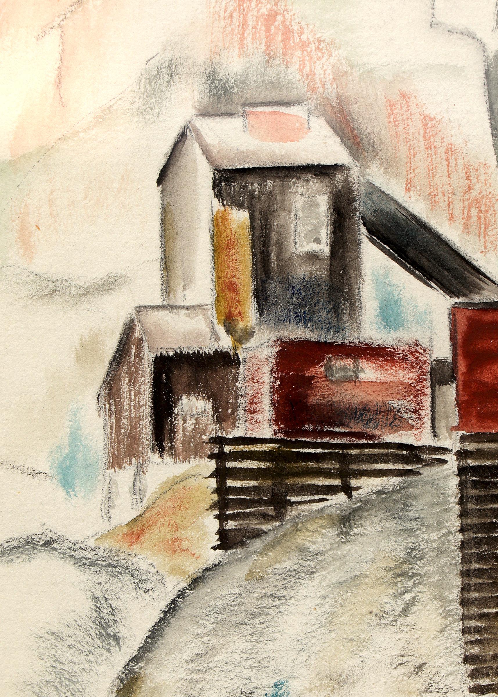 Graphite and watercolor painting of a Colorado mining landscape in red, yellow and brown by 20th Century artist, Louise Emerson Ronnebeck. Presented in a custom frame, outer dimensions measure 21 ⅛ x 17 ⅞ x ¾ inches. Image sight size is 11 x 8