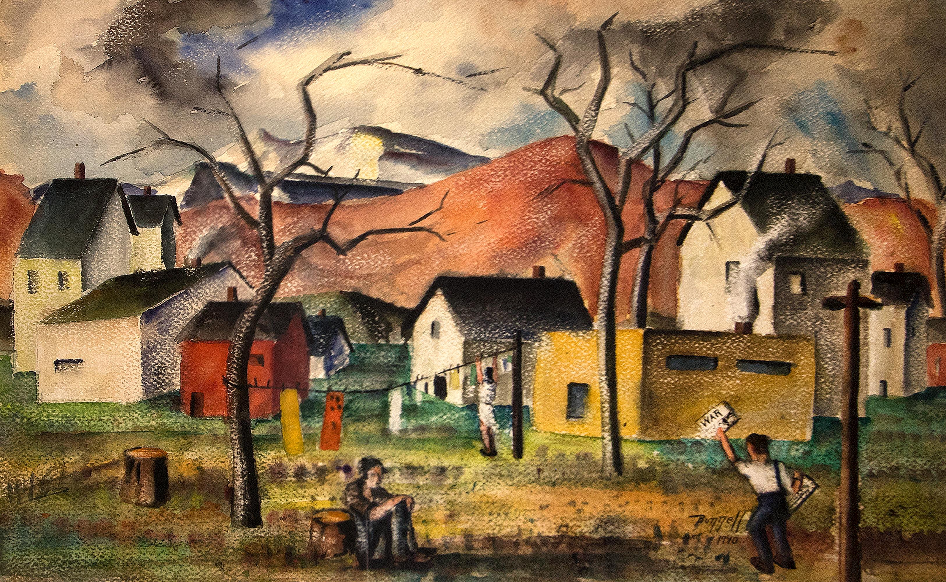 Gerahmte figurative Dorflandschaft mit Figuren, Häusern und Bergen, WPA 1940er Jahre