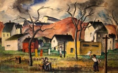 Gerahmte figurative Dorflandschaft mit Figuren, Häusern und Bergen, WPA 1940er Jahre