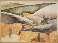 Abstract Western Mountain Landscape With Figures on Horses Watercolor Painting