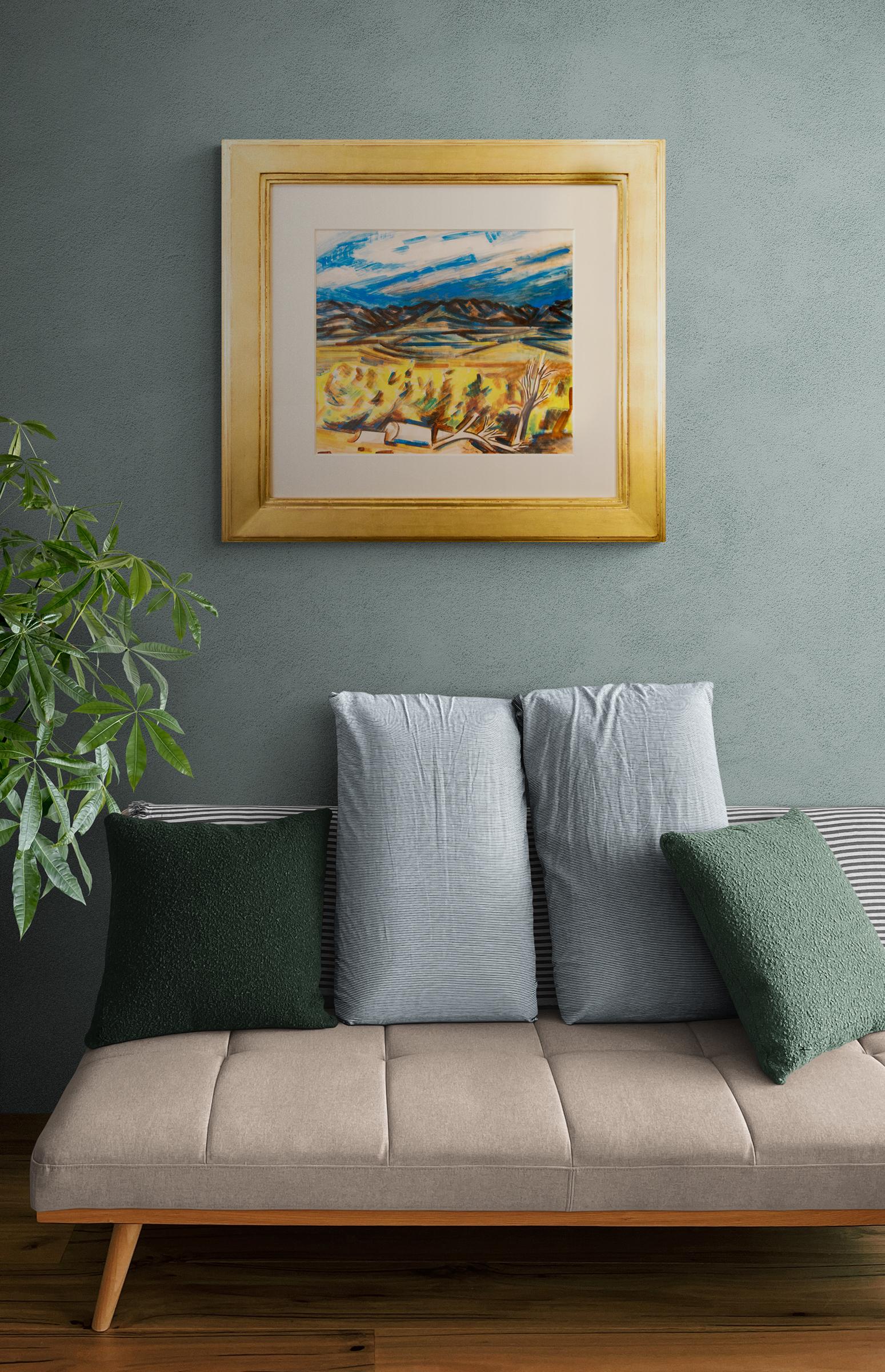 Untitled (Colorado Autumn Landscape) is a watercolor painting by Hayes Lyon (1901-1987) circa 1945 viewing the Rocky Mountains from the plains with blue, yellow and brown. Presented in a custom gold frame with all archival materials, outer