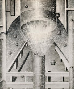 Abstraktes industrielles Aquarell-Aquarell-Tinte-Gemälde der amerikanischen Moderne der 1940er Jahre in Kohle