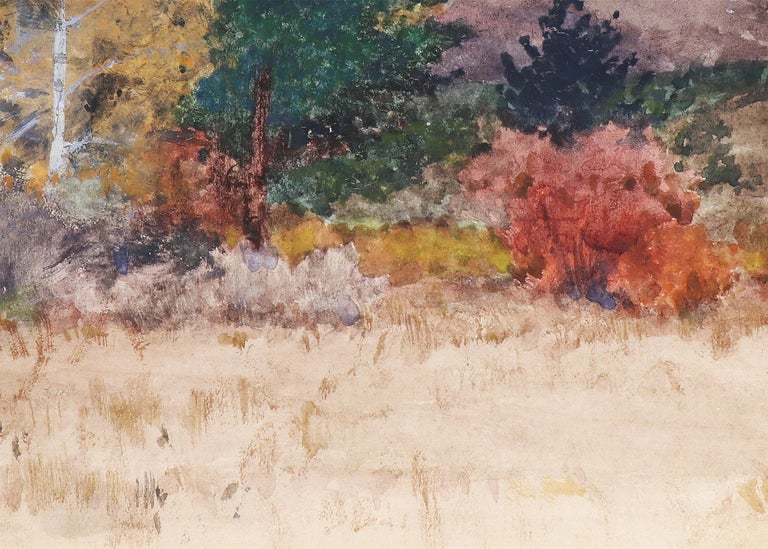 Watercolor and gouache on paper of a landscape scene with trees in autumn in Colorado by Charles Partridge Adams (1858-1942). Portraying a fall landscape with trees and leaves in shades of green, gold, and orange, mountain peaks in the background.