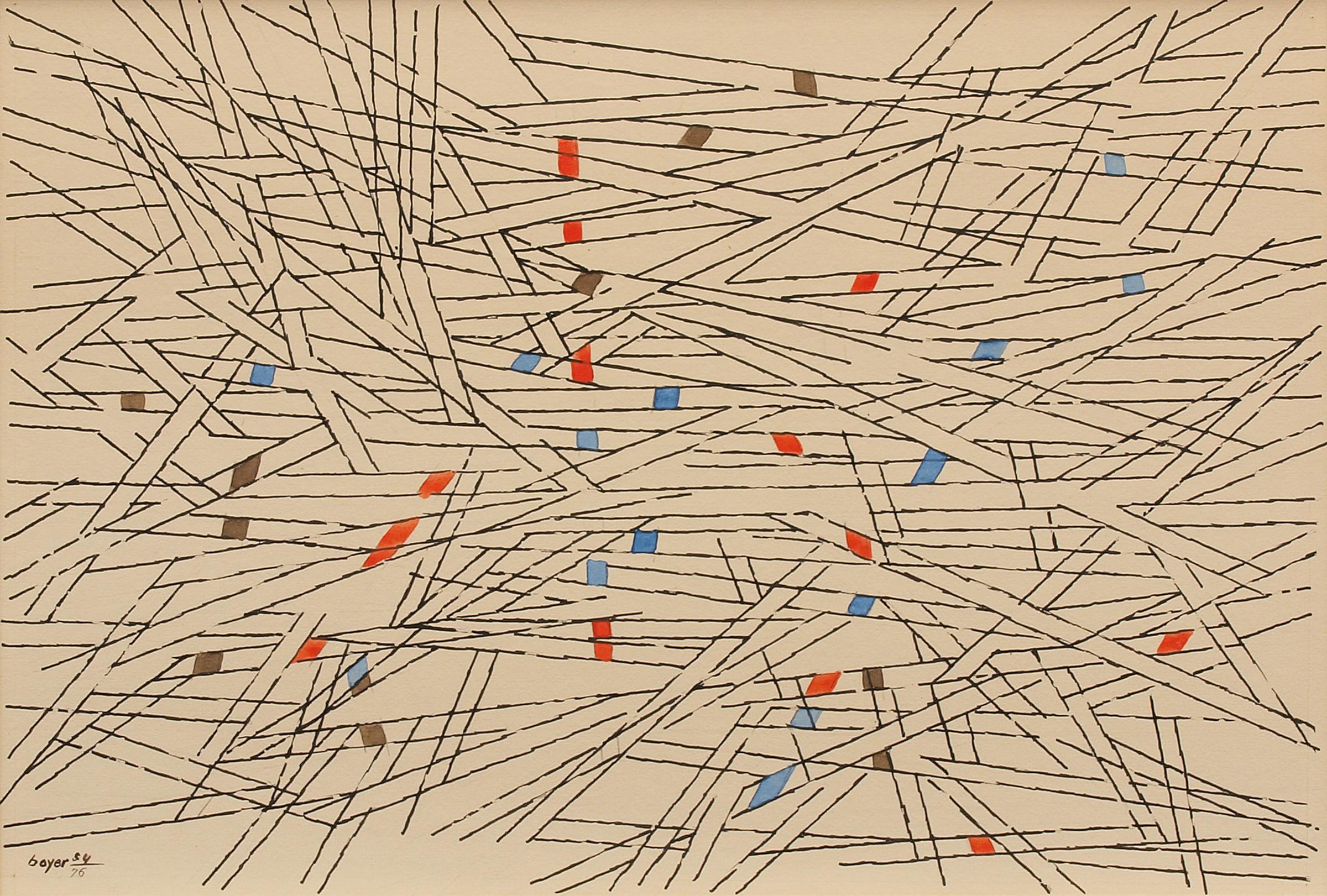 Abstrakte Komposition aus den 1950er Jahren in Braun, Orange und Blau mit schwarzen Parallellinien  (Geometrische Abstraktion), Mixed Media Art, von Herbert Bayer
