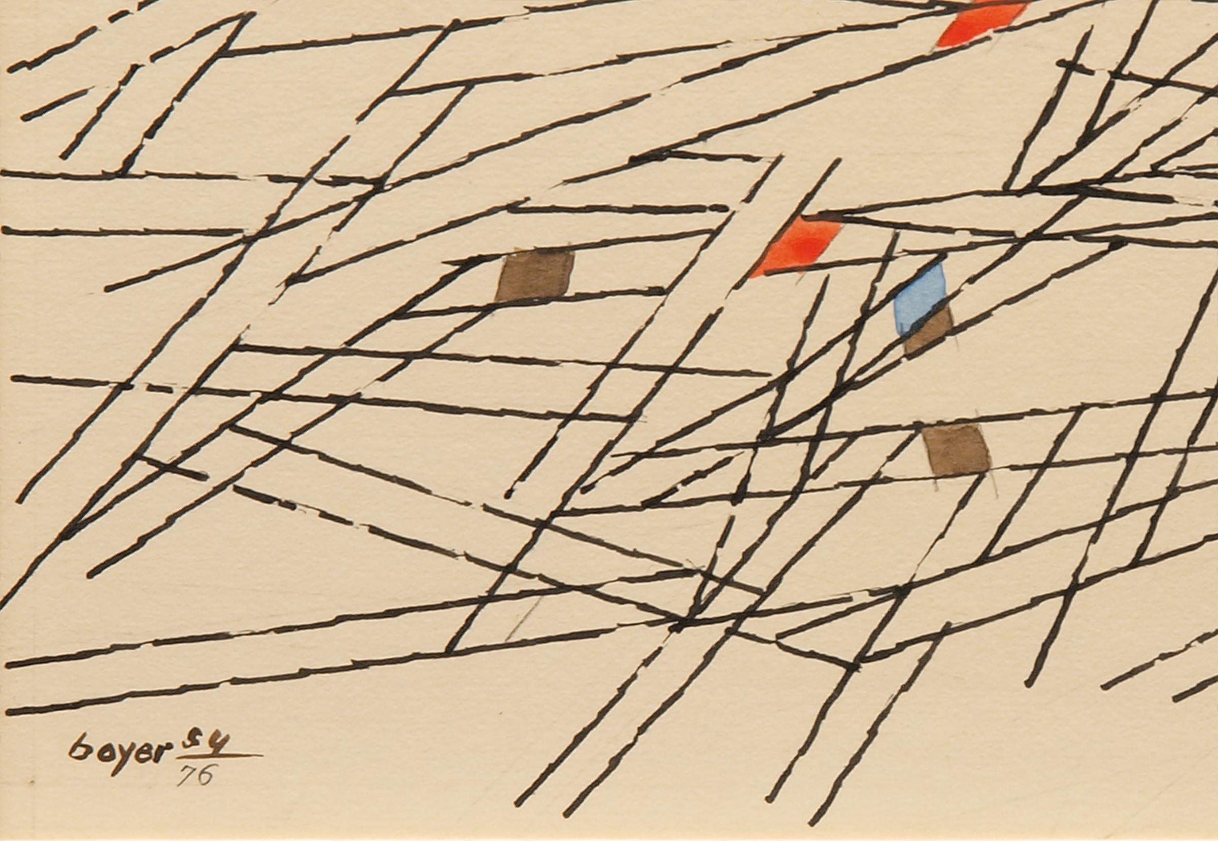 Esta cautivadora composición abstracta en acuarela y tinta de Herbert Bayer (1900-1985) presenta formas dinámicas en marrón, naranja y azul, enmarcadas por audaces líneas paralelas negras. La obra está expertamente plasmada sobre papel, mostrando el