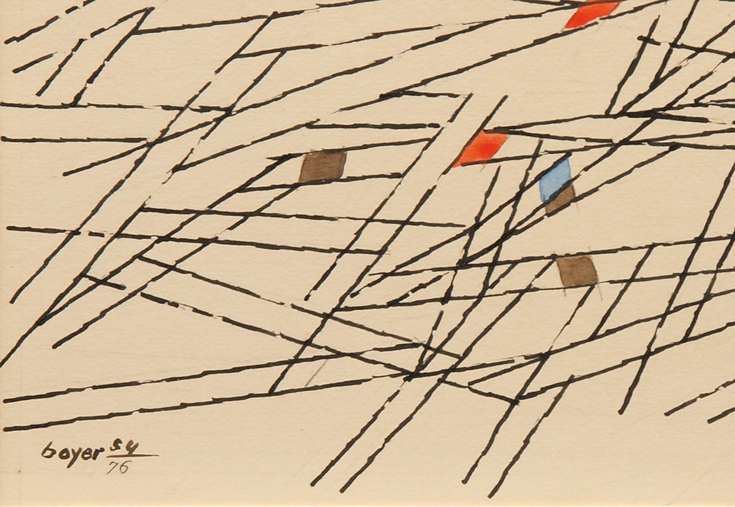 Aquarelle et encre sur papier d'une composition abstraite de formes brunes, orange et bleues entre des lignes parallèles noires tout au long de l'œuvre de Herbert Bayer (1900-1985). Présenté dans un cadre noir personnalisé avec tous les matériaux