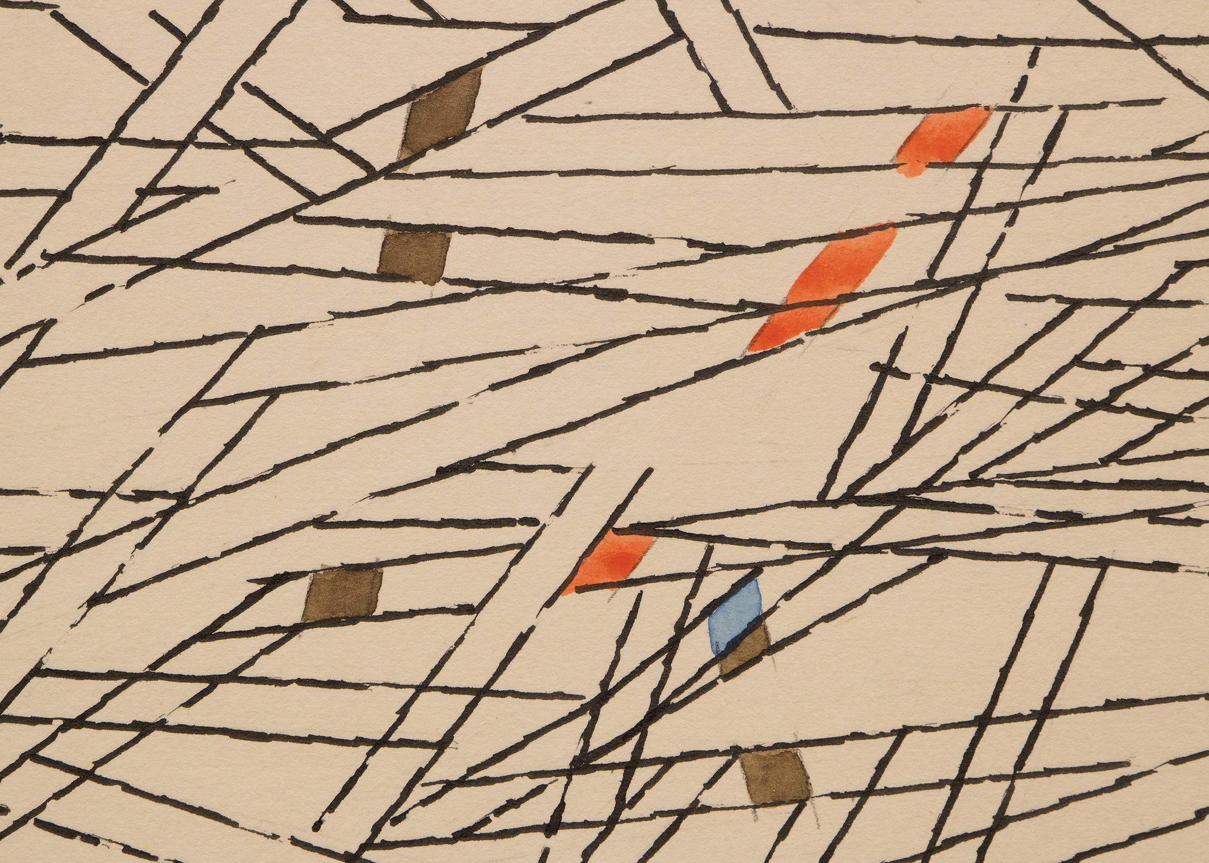 Composición Abstracta Años 50: Marrón, Naranja, Azul, Líneas Negras, Tinta Acuarela Arte en venta 1