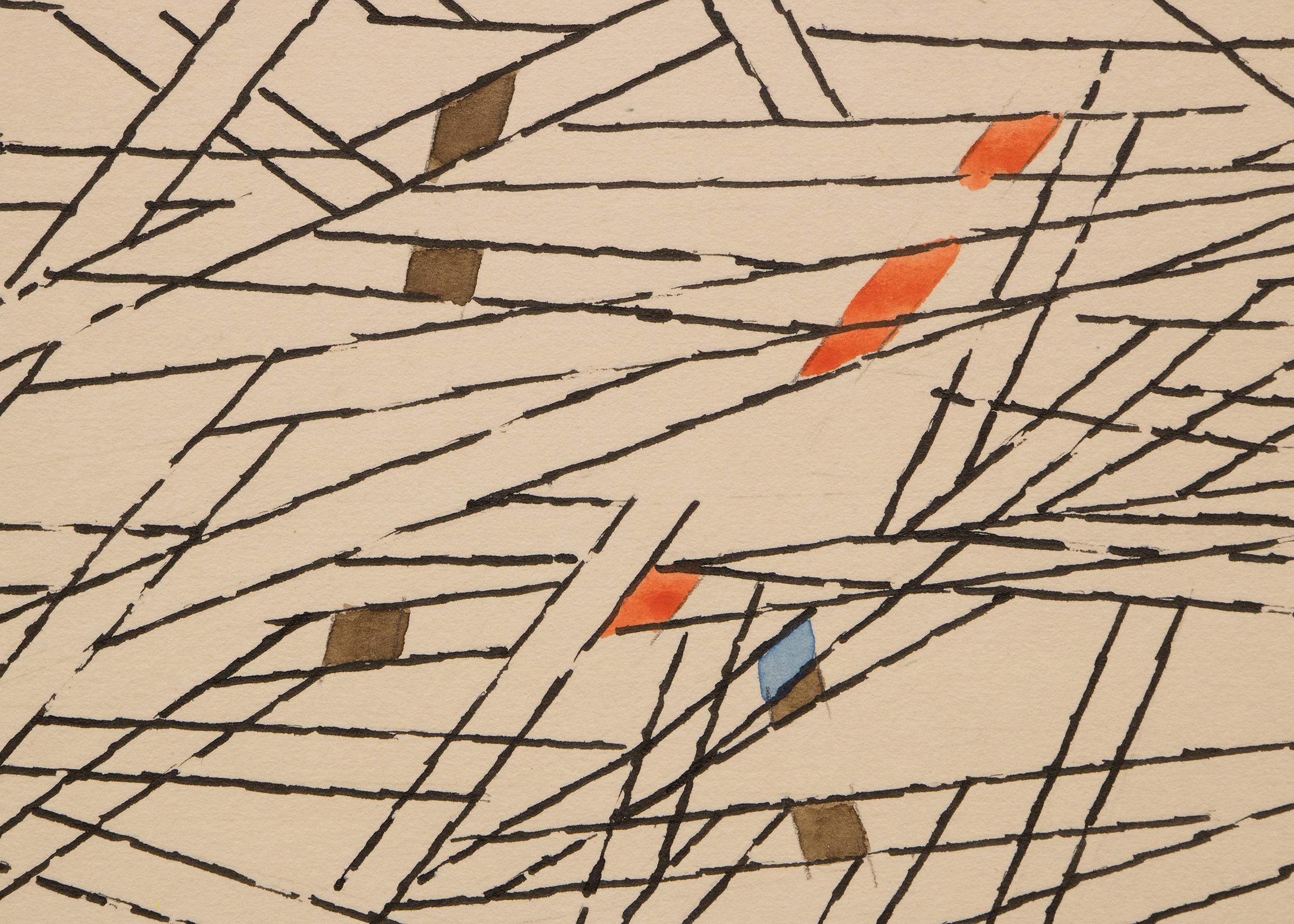 Composition abstraite des années 1950 en marron, orange et bleu avec lignes parallèles noires  en vente 1