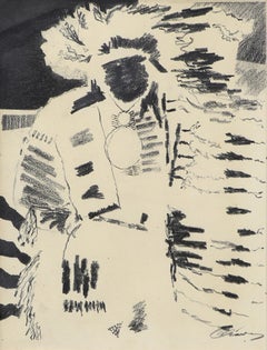 1950s Abstract Modern Portrait of American Indian Chief, Black White Drawing