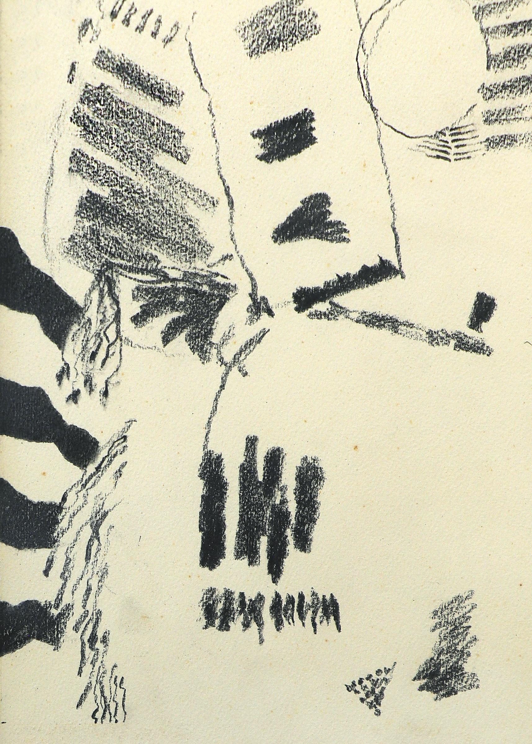 1950s Abstract Modern Portrait of American Indian Chief, Black White Drawing 1