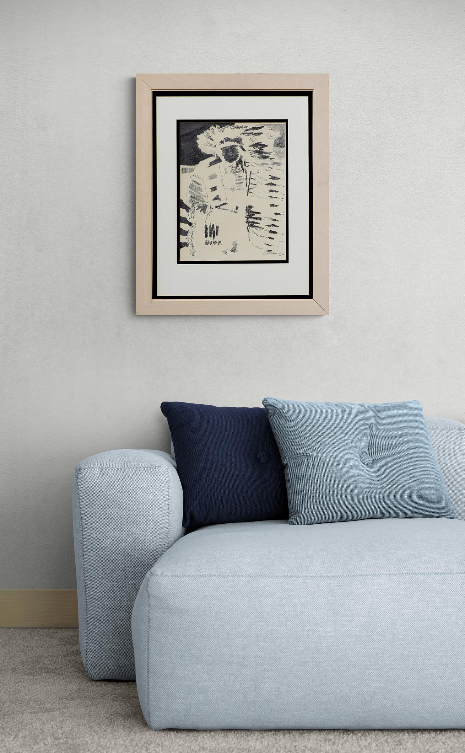 1950s Abstract Modern Portrait of American Indian Chief, Black White Drawing 6