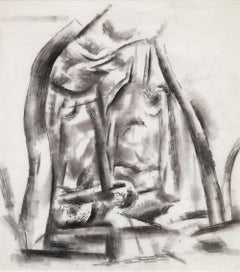 Dibujo a carboncillo de paisaje abstracto en blanco y negro de principios del siglo XX