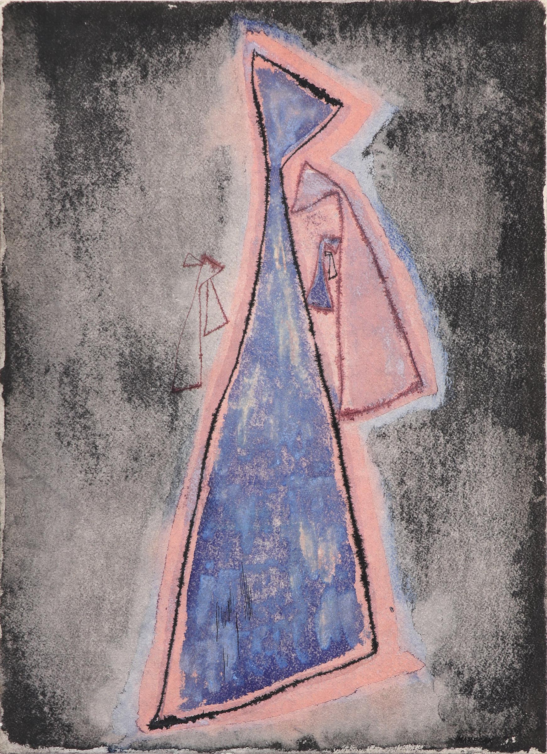 A Small Incantation, 1940s Abstracted Figural Watercolor and Ink Painting - Art by Edward Marecak