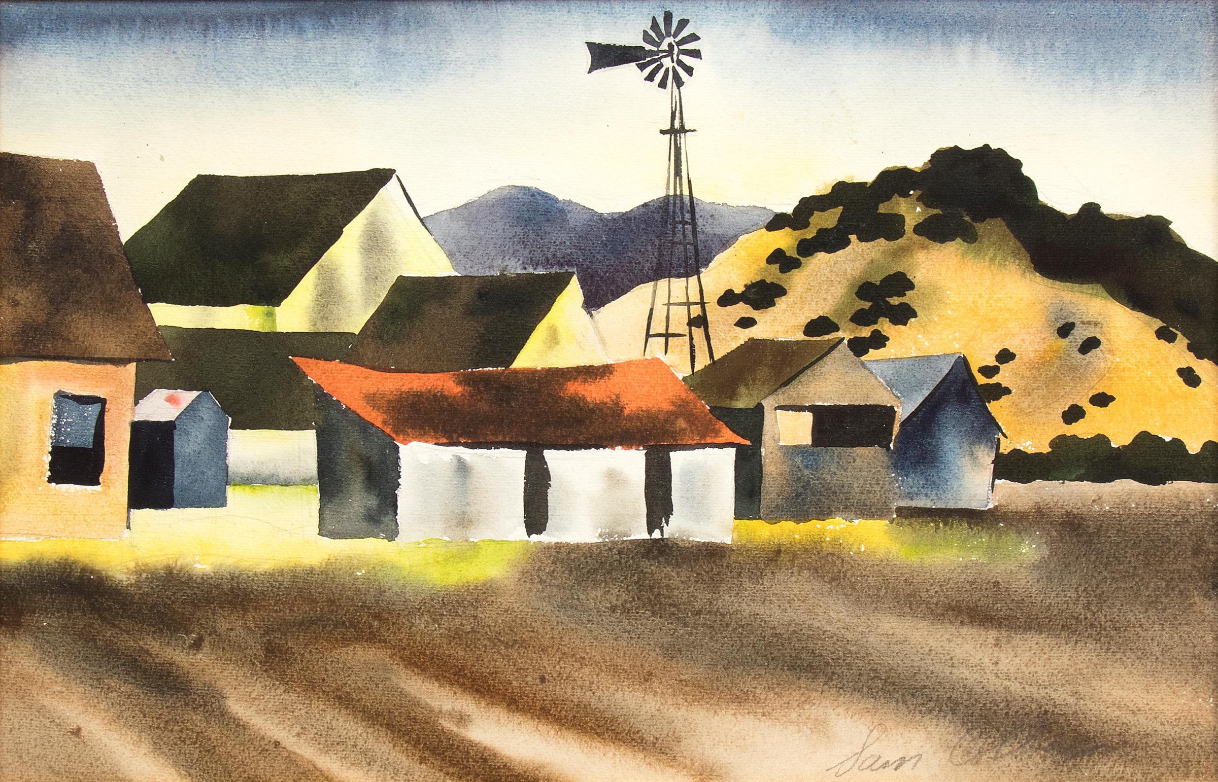 1930s American Farm Scene, Landscape Watercolor Painting Farm Buildings Windmill - Art by Samuel Bolton Colburn