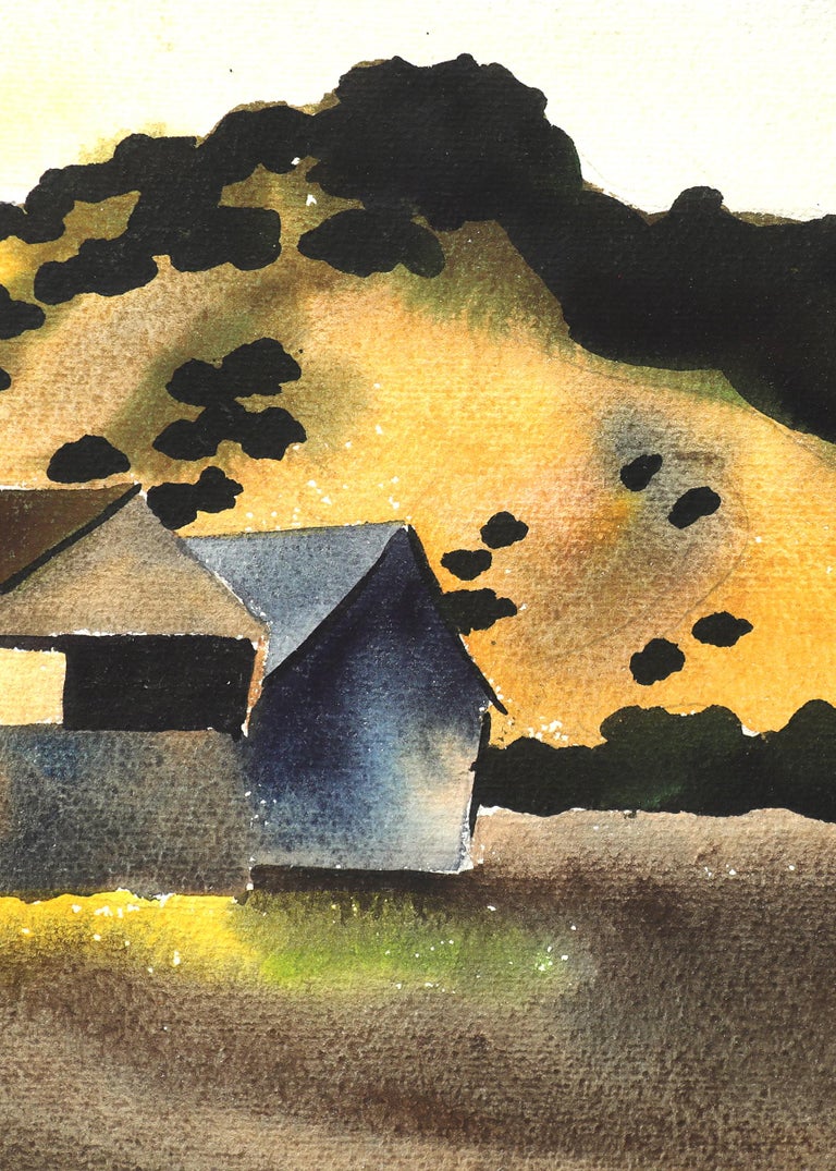 1930s American Farm Scene, Landscape Watercolor Painting Farm Buildings Windmill For Sale 1