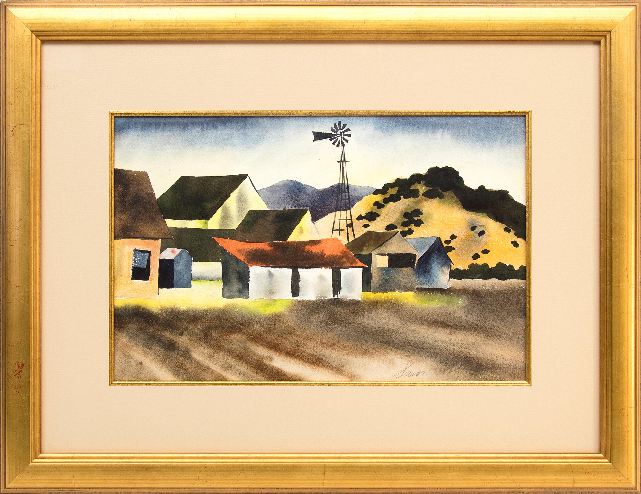Aquarelle de paysage agricole moderne américaine des années 1930 avec granges, moulin à vent et terrains