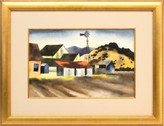 1930s American Modern Farm Landscape Watercolor with Barns, Windmill & Fields