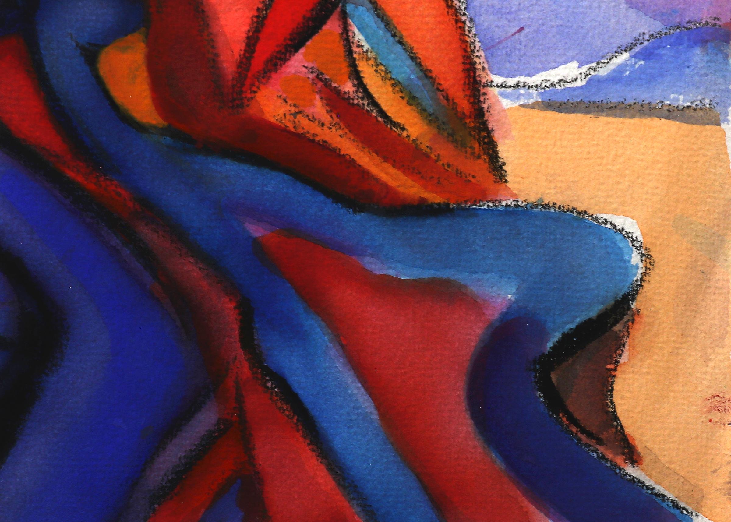 Hopi Village on First Mesa, Arizona : Art de paysage mixte rouge, bleu, orange en vente 1