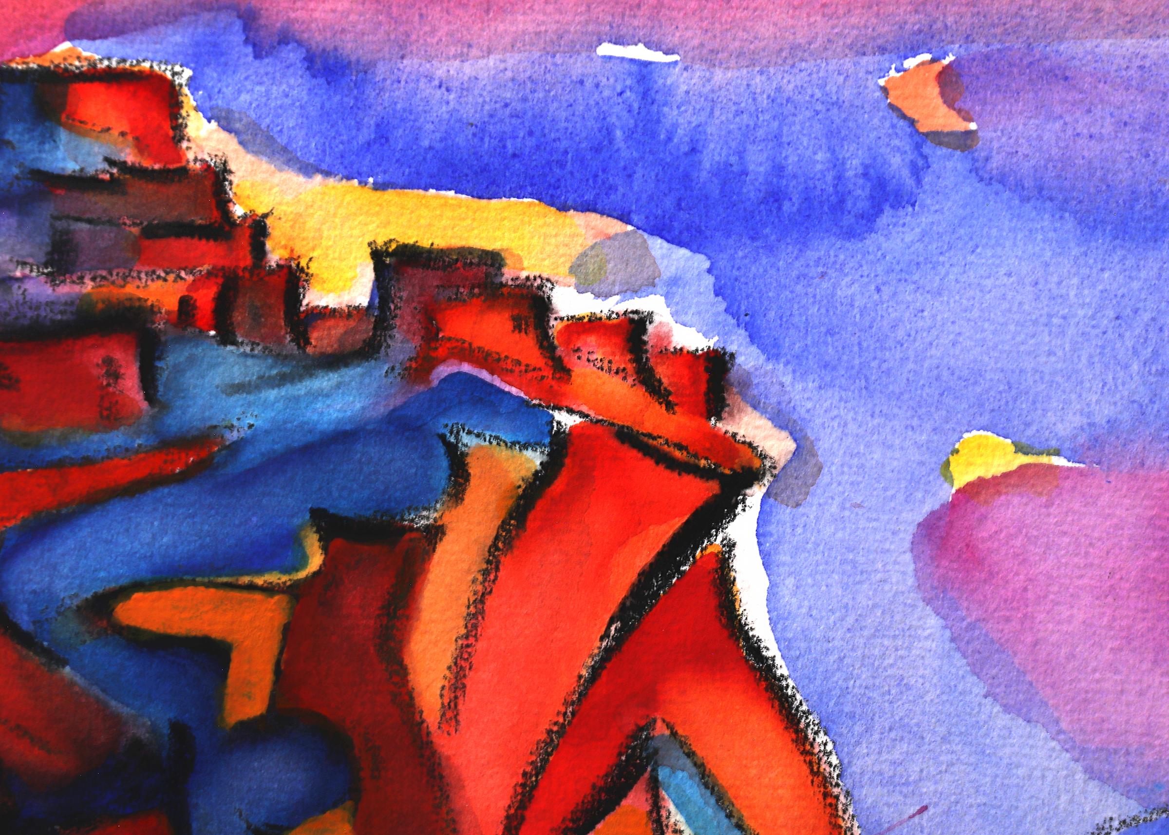 Hopi Village auf First Mesa, Arizona, Mixed Media-Landschaft in Rot, Blau und Orange im Angebot 4