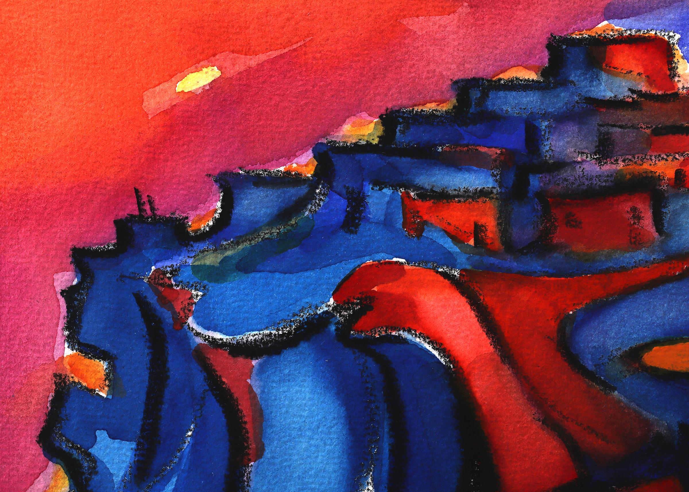 Watercolor, ink, and charcoal on paper titled 'Walpi #9 (Hopi Village on First Mesa, Arizona)' by Bert Van Bork (1928-2014). Painted in saturated shades of pink, blue, orange, and purples. Presented in a custom frame with all archival materials