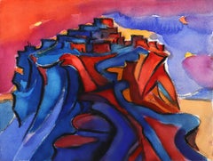 Hopi Village on First Mesa, Arizona: Red, Blue, Orange Mixed Media Landscape Art