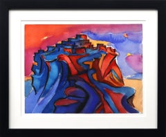 Hopi Village on First Mesa, Arizona: Red, Blue, Orange Mixed Media Landscape Art