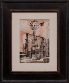 Windmill on the Plains, 1940s Watercolor and Ink Mixed Media Modernist Painting