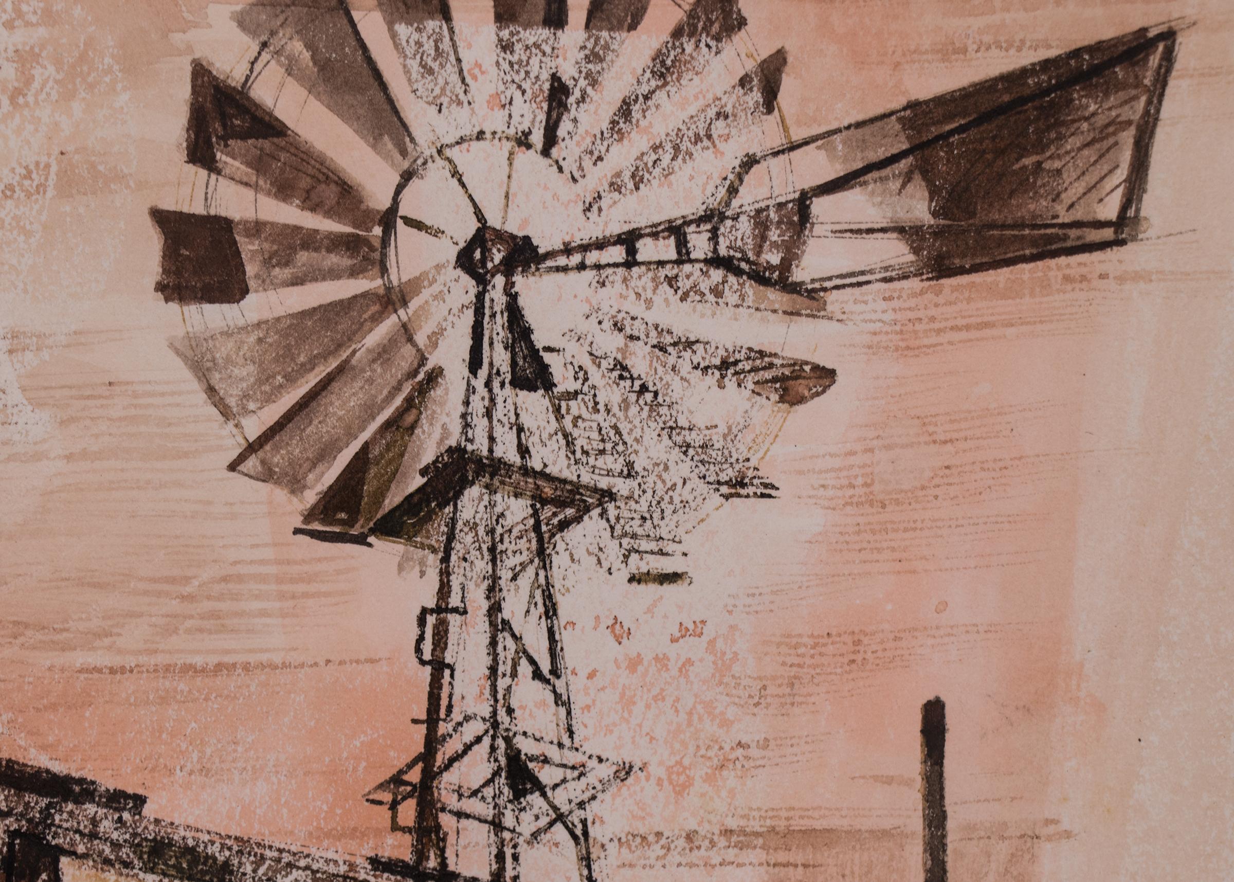 Windmill on the Plains, 1940s Watercolor and Ink Mixed Media Modernist Painting - American Modern Art by Jenne Magafan