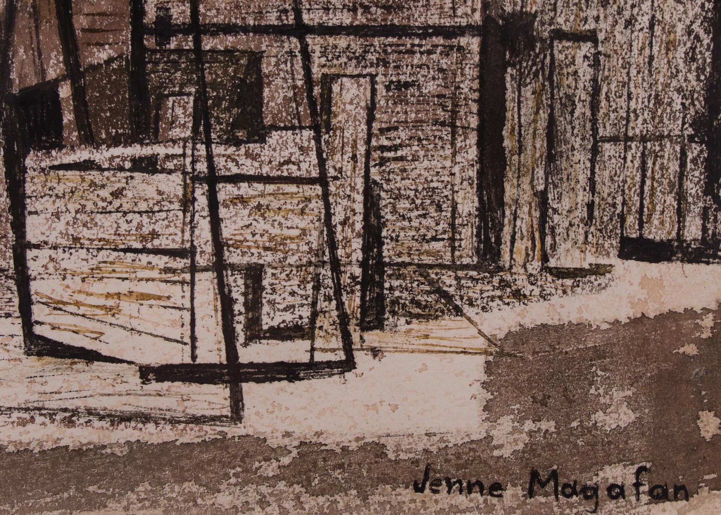 Molino de viento en las llanuras, 1940 Acuarela y tinta Técnica mixta Paisaje modernista - Landscape Art Negro de Jenne Magafan