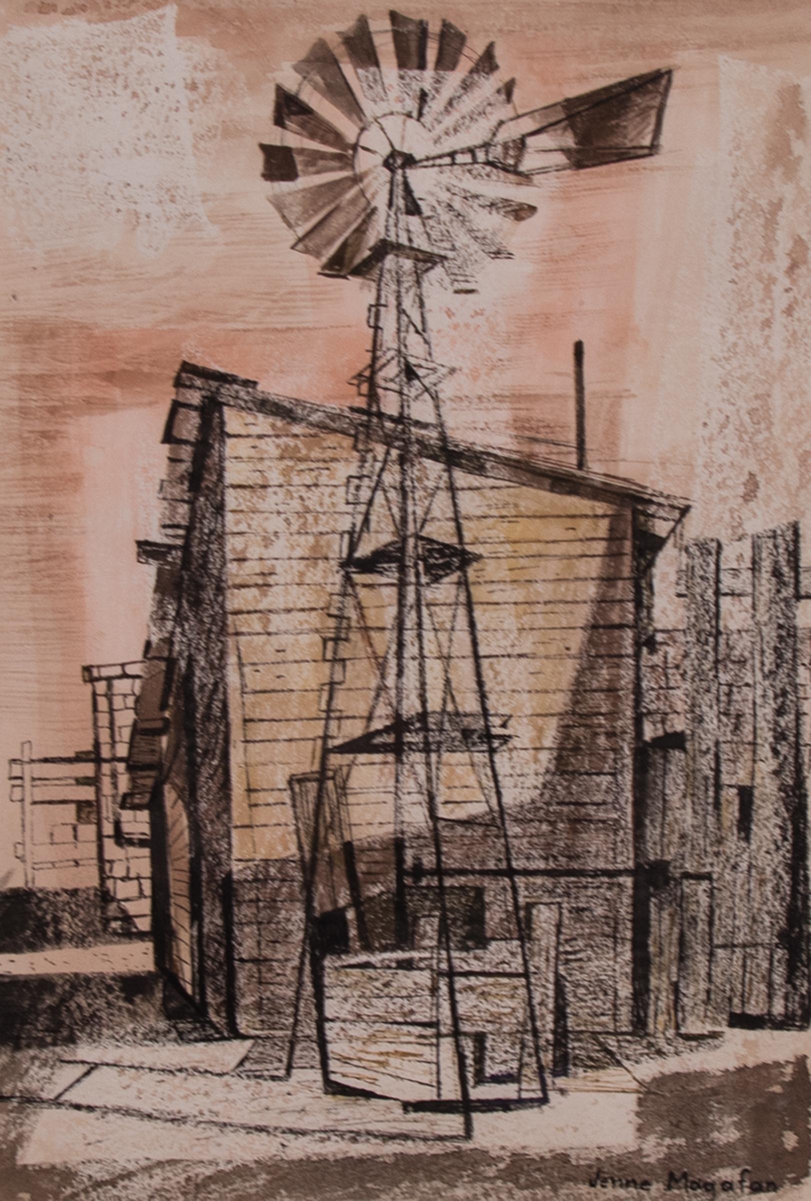 Windmill on the Plains, 1940s Watercolor and Ink Mixed Media Modernist Painting - Art by Jenne Magafan