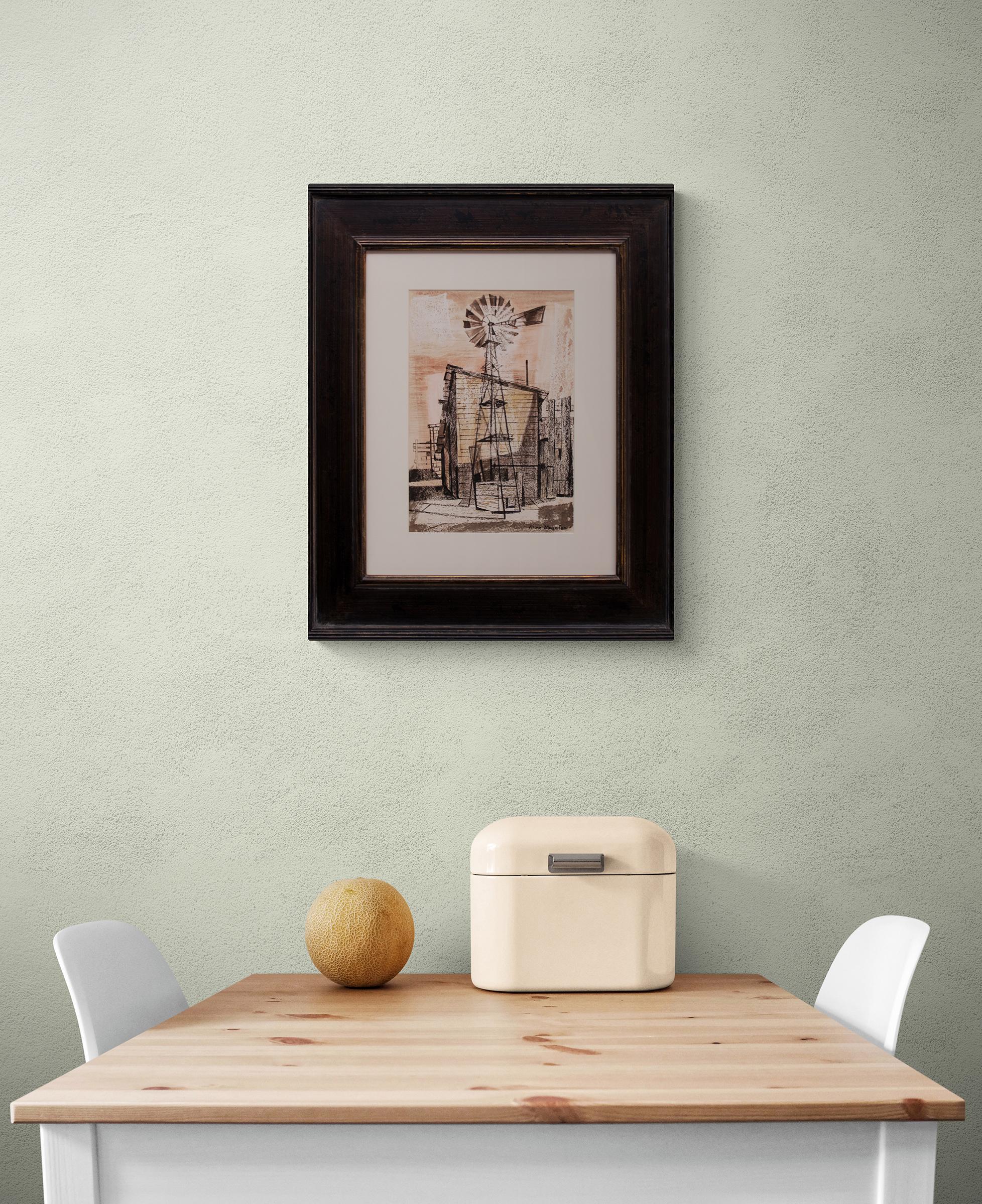 Windmühle auf den Felsen, Modernistisches Gemälde in Mischtechnik, 1940er Jahre, Aquarell und Tusche (Amerikanische Moderne), Art, von Jenne Magafan
