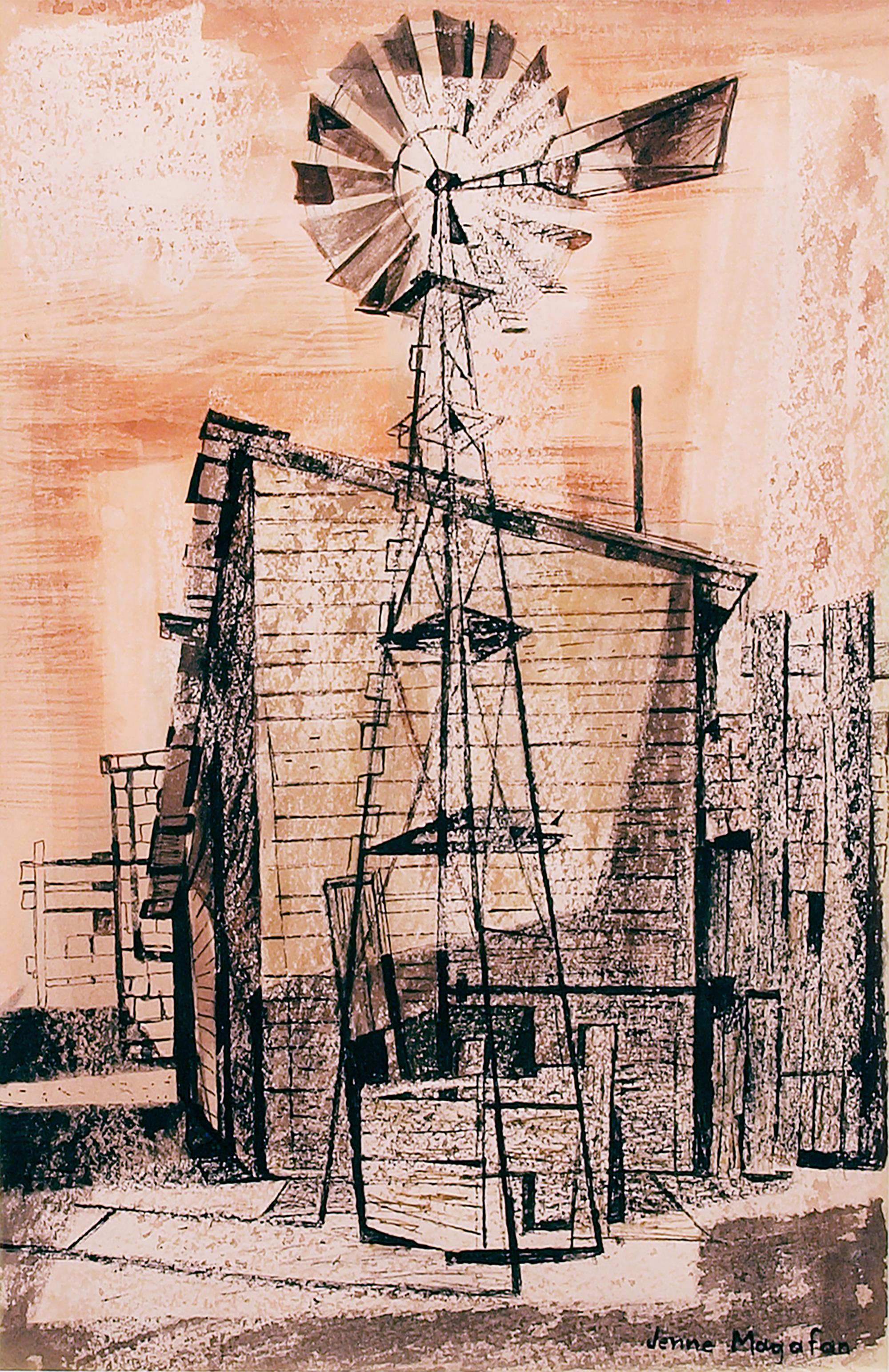 Jenne Magafan “Windmill on the Plains” 1940s Colorado Watercolor, Framed