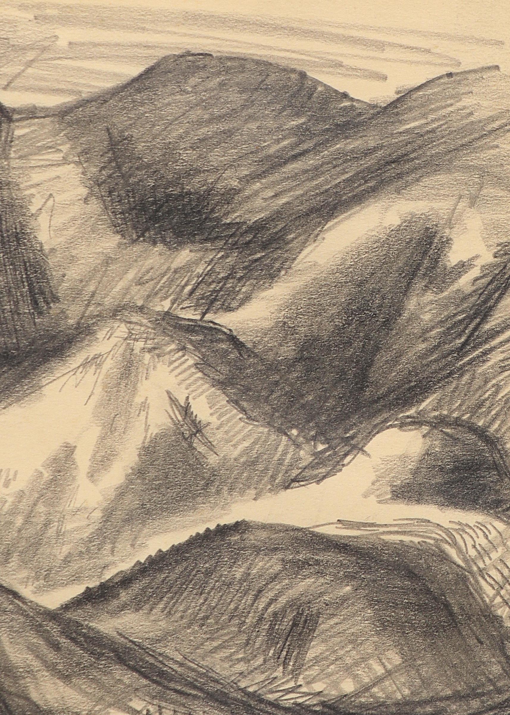 Original graphite on paper drawing by Boardman Robinson depicting a Colorado mountain landscape. Signed by the artist lower right with an inscription, 