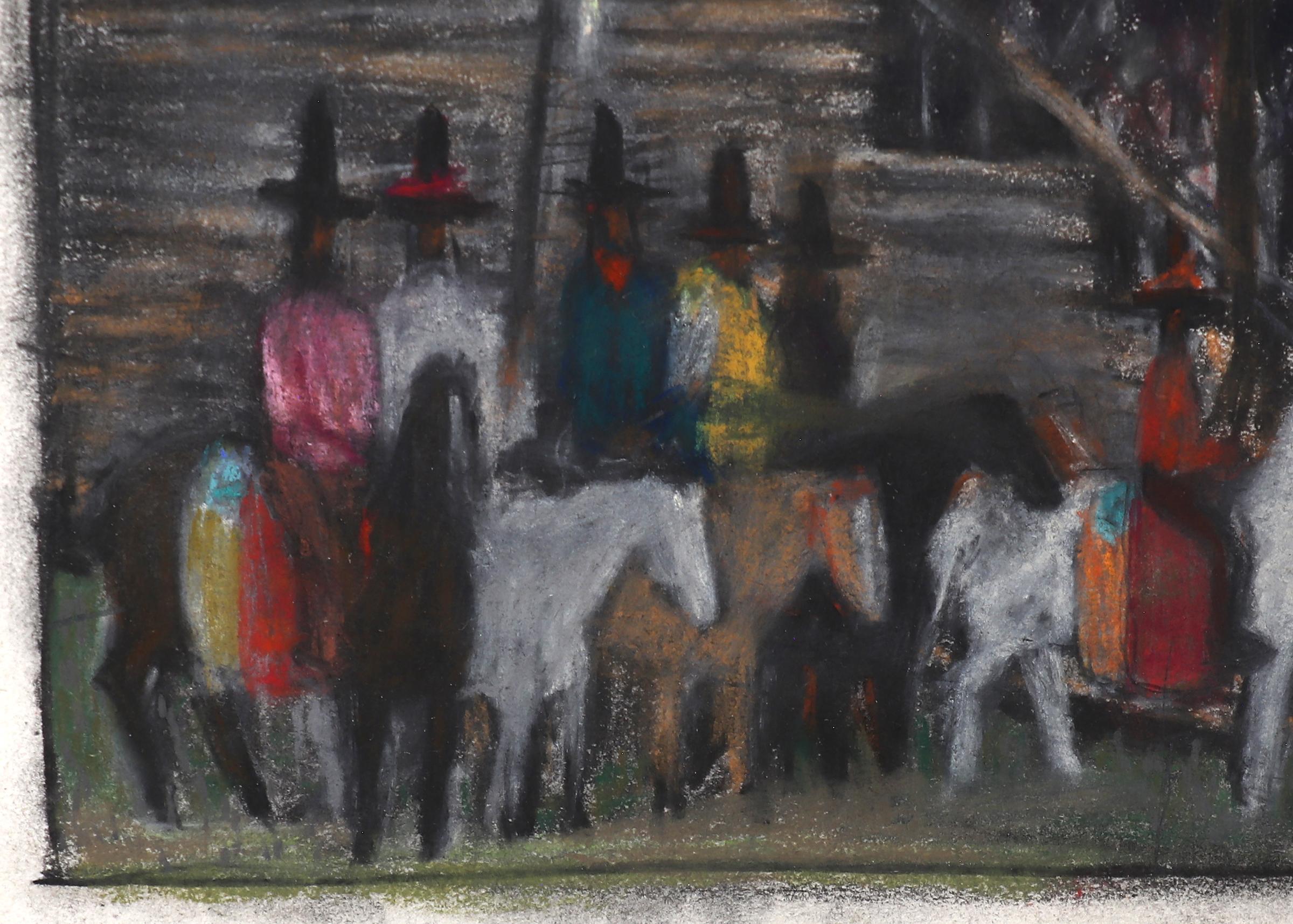 Disegno originale a pastello d'epoca, scena all'aperto con figure a cavallo - Animal Art Nero di Verona Burkhard