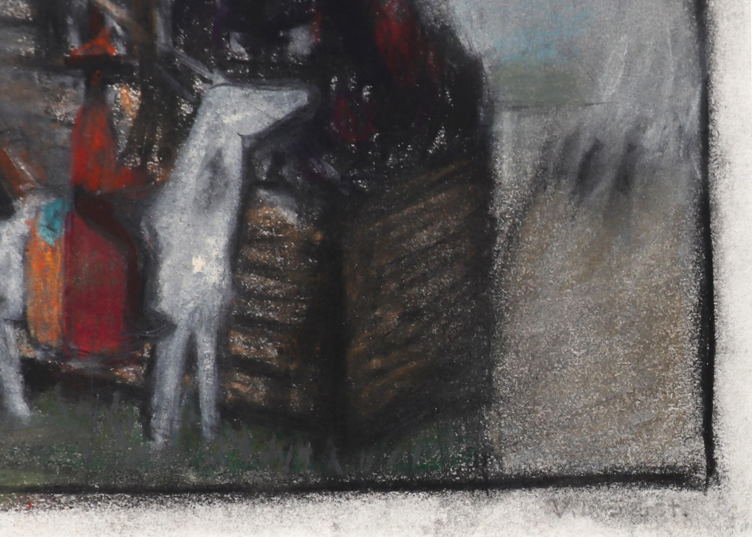 Disegno originale a pastello d'epoca, scena all'aperto con figure a cavallo - Art Impressionismo astratto di Verona Burkhard