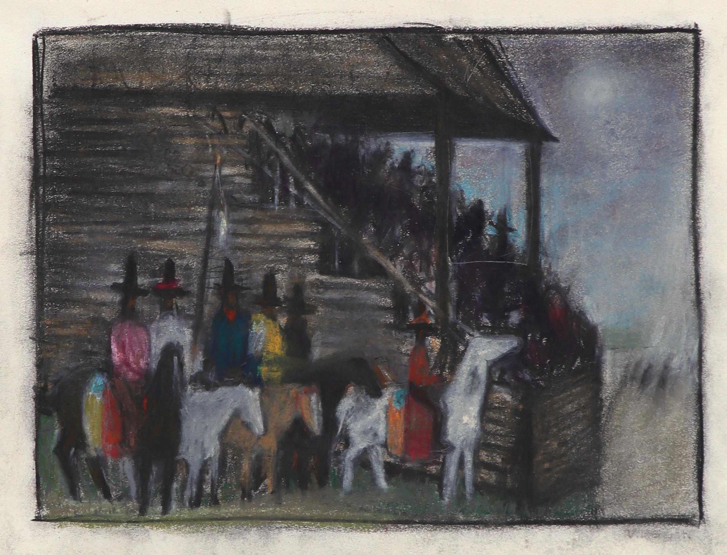 Disegno originale a pastello d'epoca, scena all'aperto con figure a cavallo - Art di Verona Burkhard