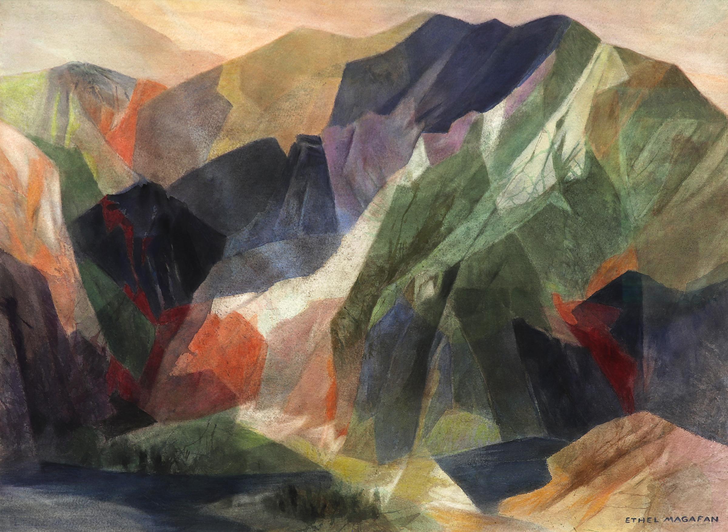 Dawn, Semi-Abstract Mountain Landscape, Multi-colored Watercolor Painting - Art by Ethel Magafan