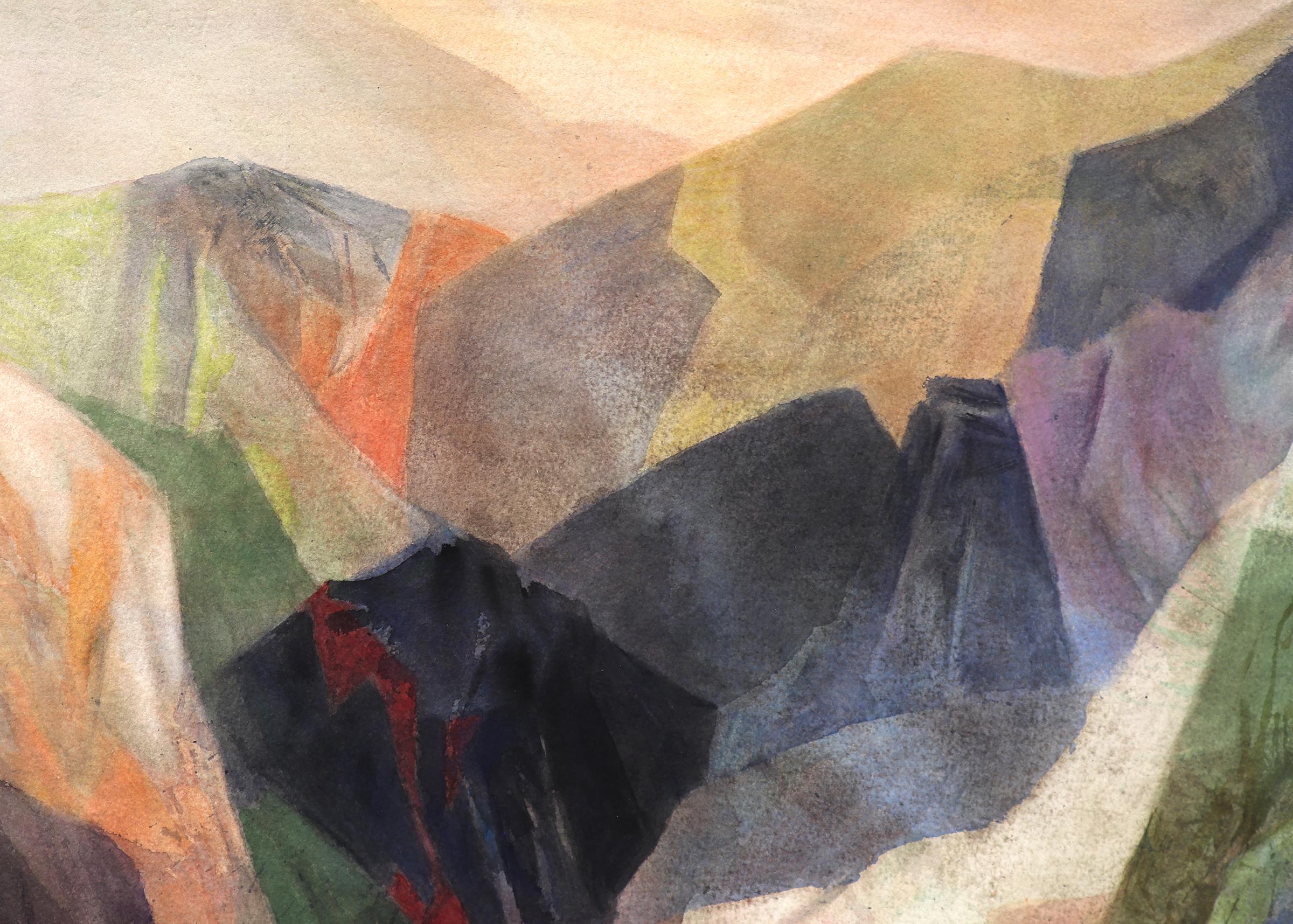Dawn, Semi-Abstract Mountain Landscape, Multi-colored Watercolor Painting - Black Abstract Drawing by Ethel Magafan